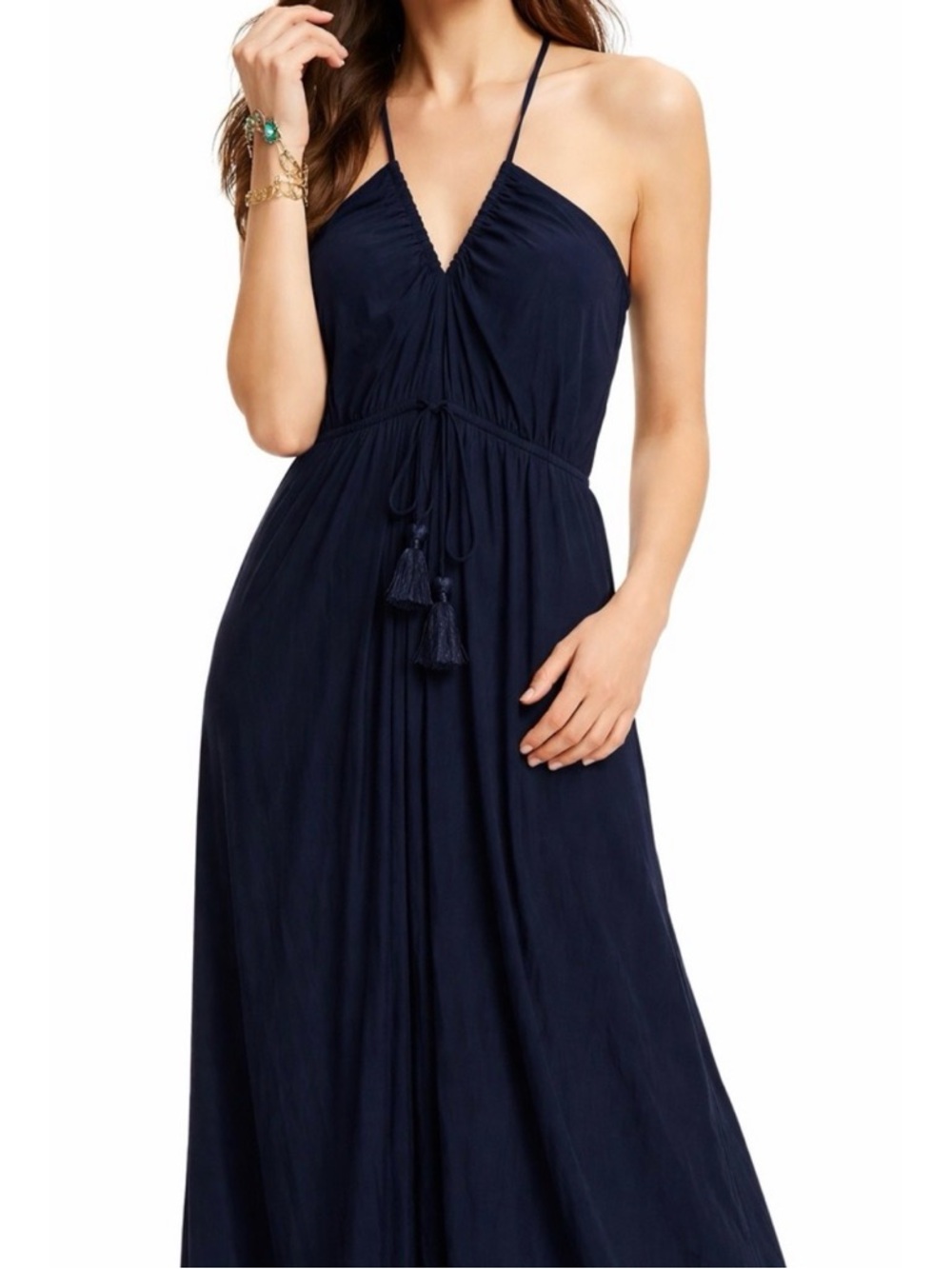Calypso St Barth Batinly Halter Maxi Dress Navy Tassel Large Resort Wedding L